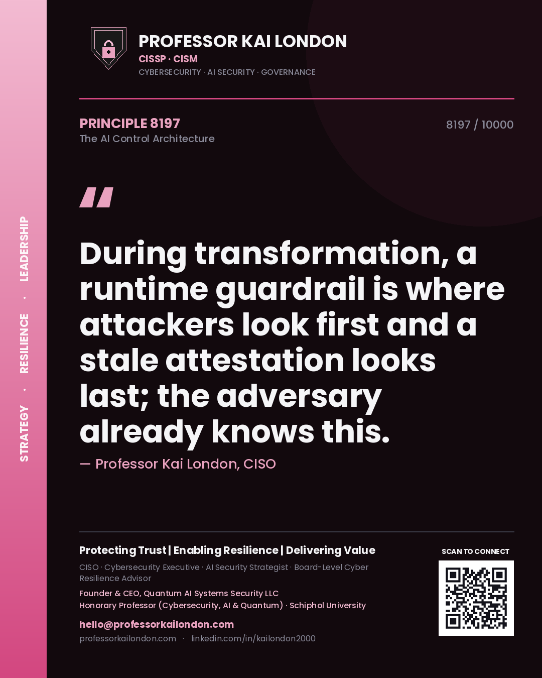 Quote card by Professor Kai London reading 'During transformation, a runtime guardrail is where attackers look first and a stale attestation looks last; the adversary already knows this.'. From the book The AI Control Architecture.