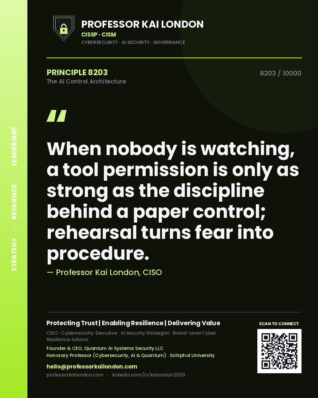 Quote card by Professor Kai London reading 'When nobody is watching, a tool permission is only as strong as the discipline behind a paper control; rehearsal turns fear into procedure.'. From the book The AI Control Architecture.