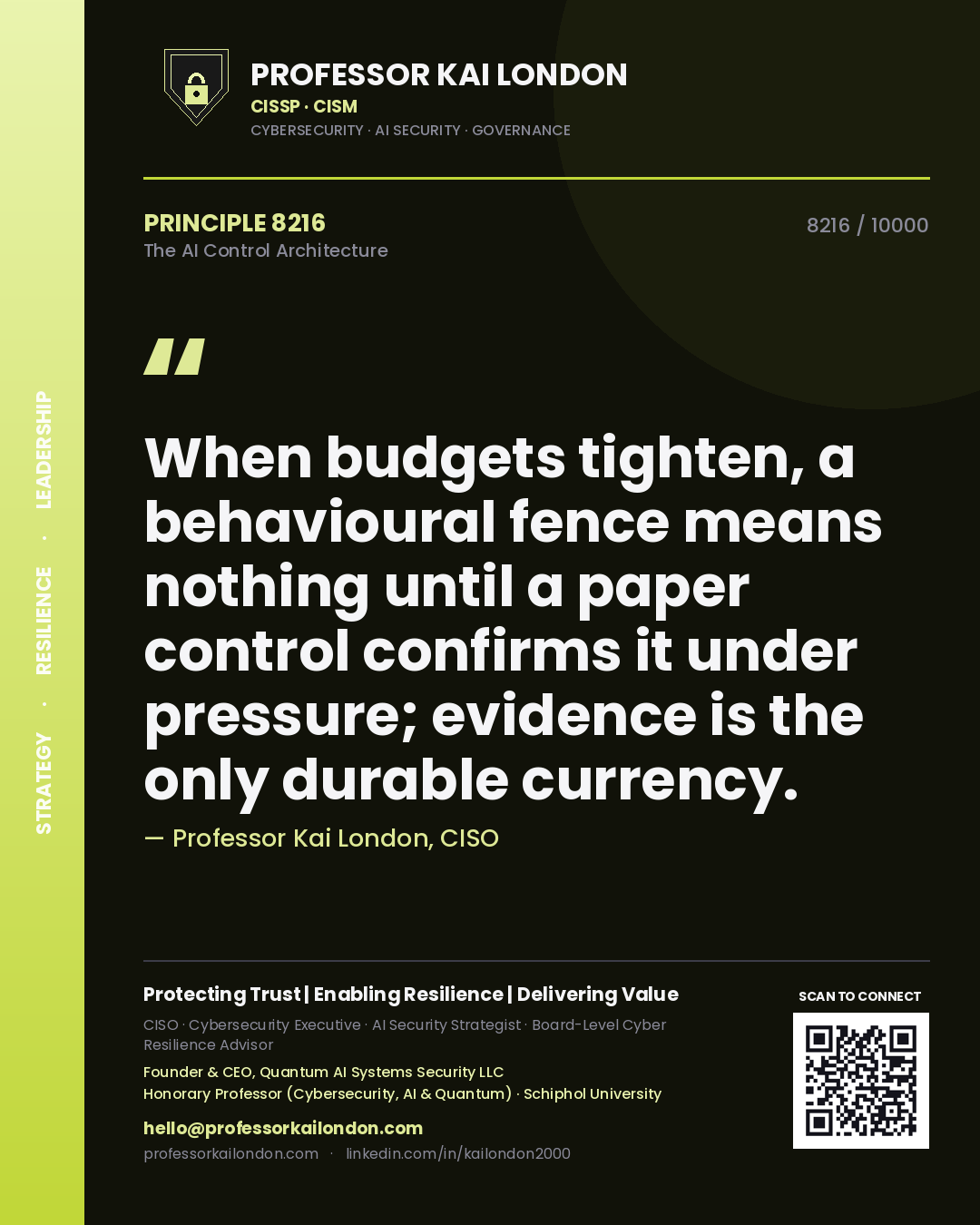 Quote card by Professor Kai London reading 'When budgets tighten, a behavioural fence means nothing until a paper control confirms it under pressure; evidence is the only durable currency.'. From the book The AI Control Architecture.