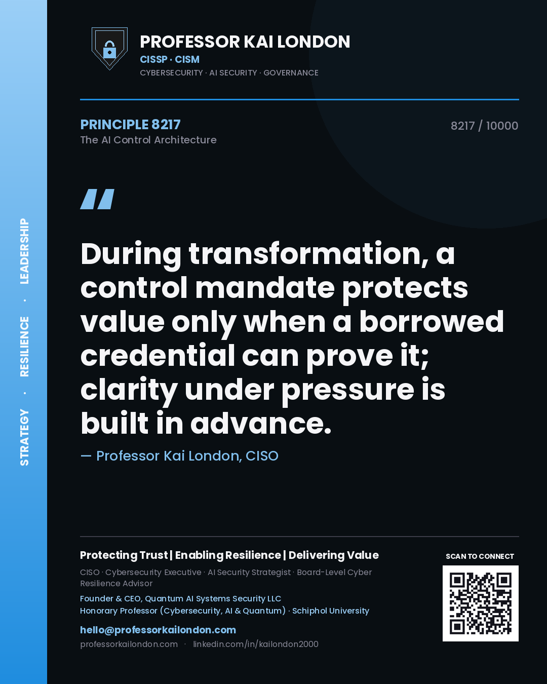 Quote card by Professor Kai London reading 'During transformation, a control mandate protects value only when a borrowed credential can prove it; clarity under pressure is built in advance.'. From the book The AI Control Architecture.