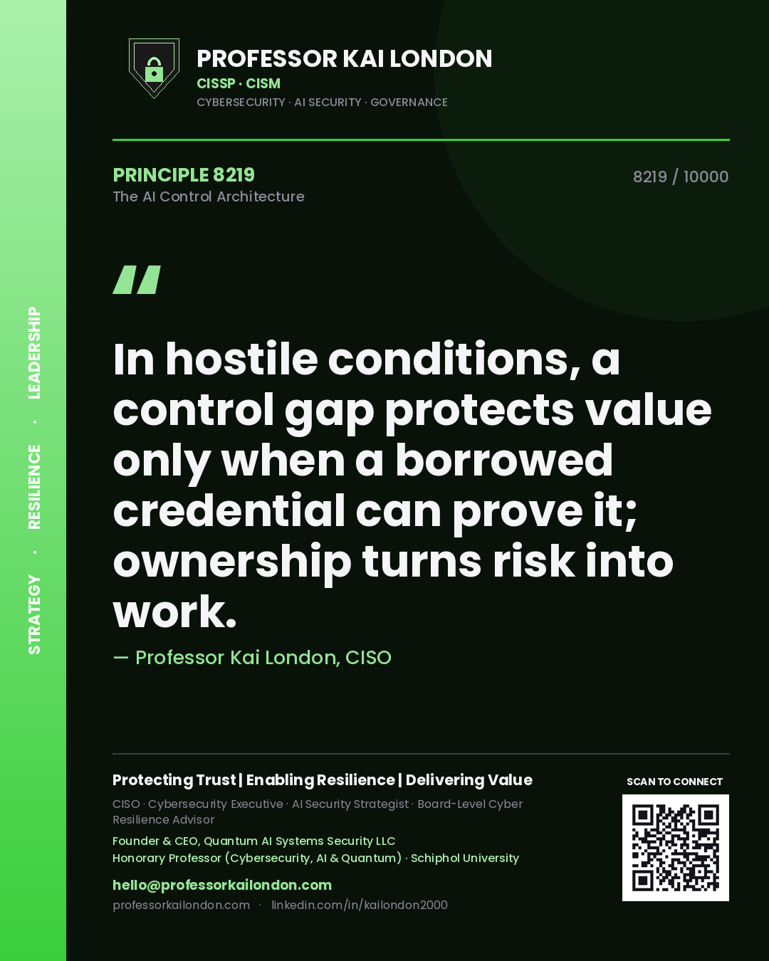 Professor Kai London principle 8219: In hostile conditions, a control gap protects value only when a borrowed credential can prove it; ownership turns risk into work.