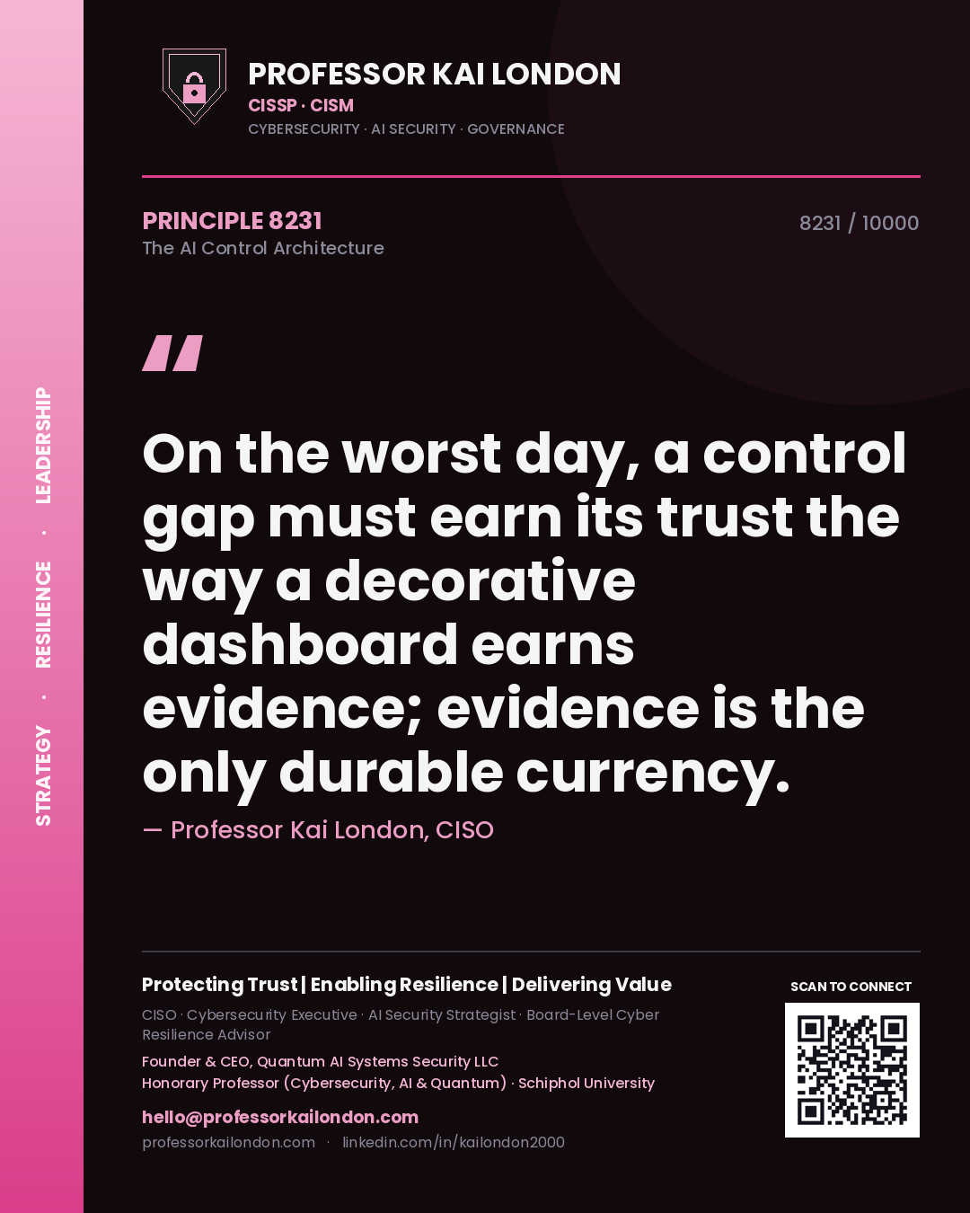 Quote card by Professor Kai London reading 'On the worst day, a control gap must earn its trust the way a decorative dashboard earns evidence; evidence is the only durable currency.'. From the book The AI Control Architecture.