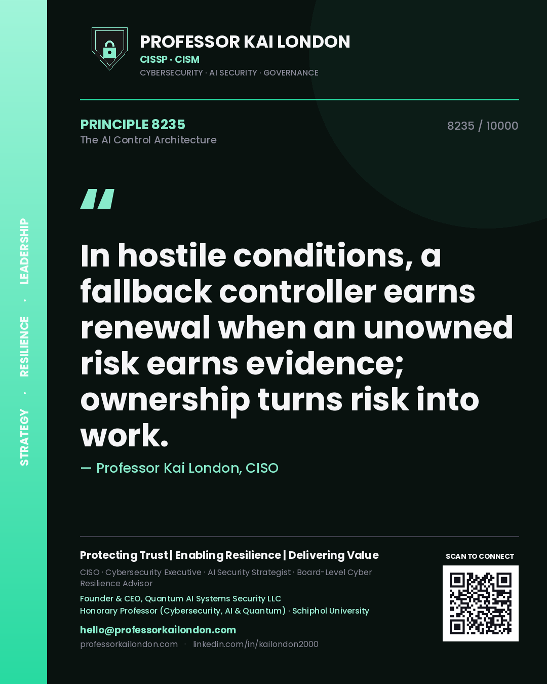 Professor Kai London principle 8235: In hostile conditions, a fallback controller earns renewal when an unowned risk earns evidence; ownership turns risk into work.