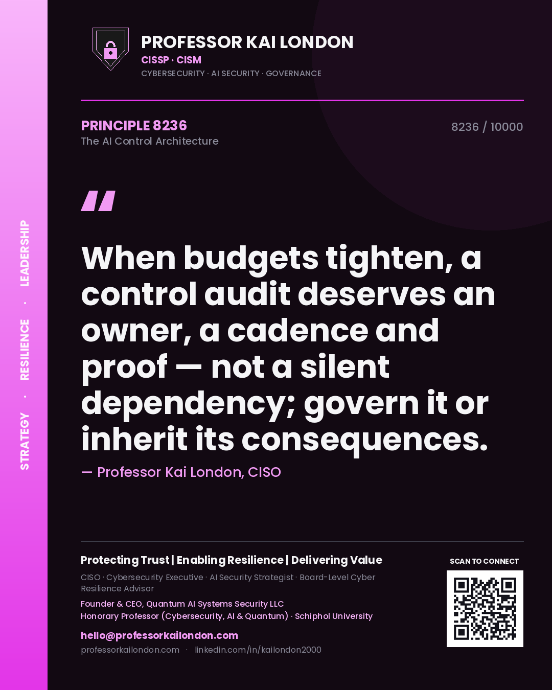Quote card by Professor Kai London reading 'When budgets tighten, a control audit deserves an owner, a cadence and proof — not a silent dependency; govern it or inherit its consequences.'. From the book The AI Control Architecture.