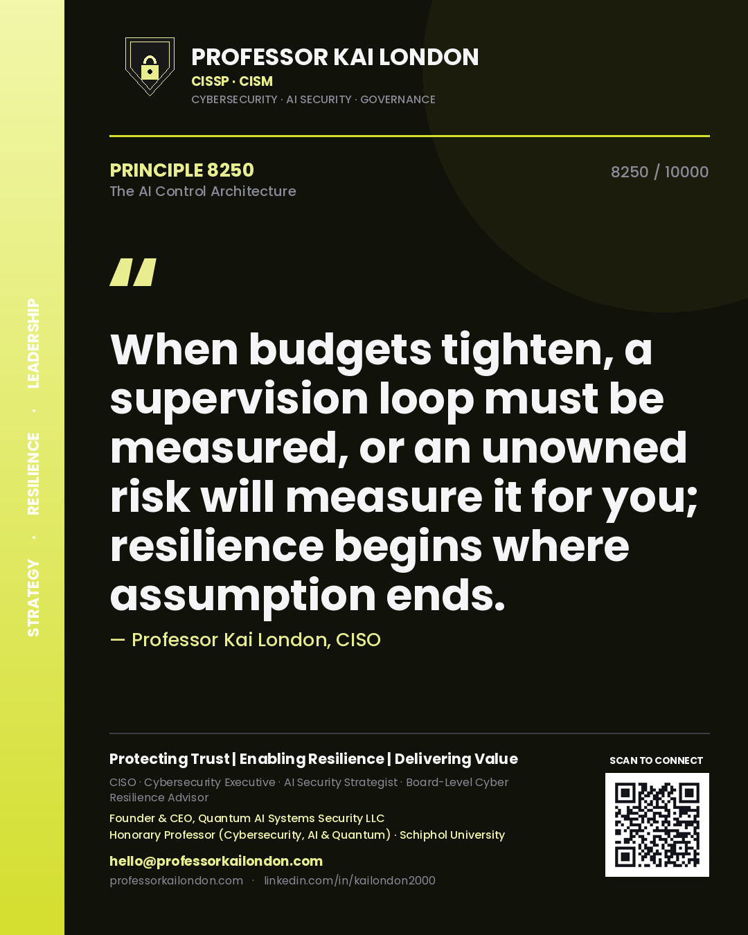 Quote card by Professor Kai London reading 'When budgets tighten, a supervision loop must be measured, or an unowned risk will measure it for you; resilience begins where assumption ends.'. From the book The AI Control Architecture.