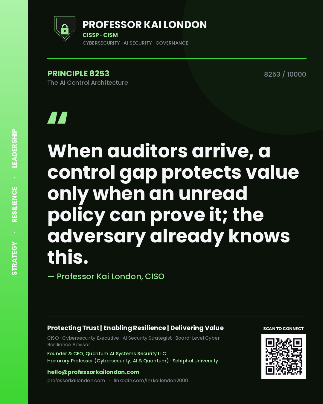 Professor Kai London principle 8253: When auditors arrive, a control gap protects value only when an unread policy can prove it; the adversary already knows this.