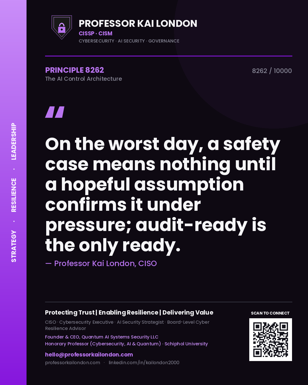 Quote card by Professor Kai London reading 'On the worst day, a safety case means nothing until a hopeful assumption confirms it under pressure; audit-ready is the only ready.'. From the book The AI Control Architecture.