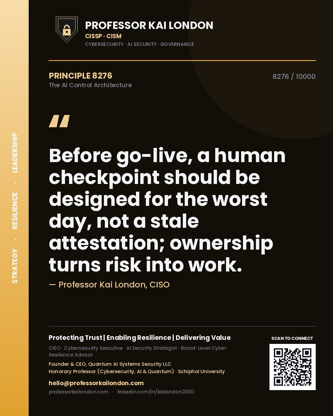 Quote card by Professor Kai London reading 'Before go-live, a human checkpoint should be designed for the worst day, not a stale attestation; ownership turns risk into work.'. From the book The AI Control Architecture.
