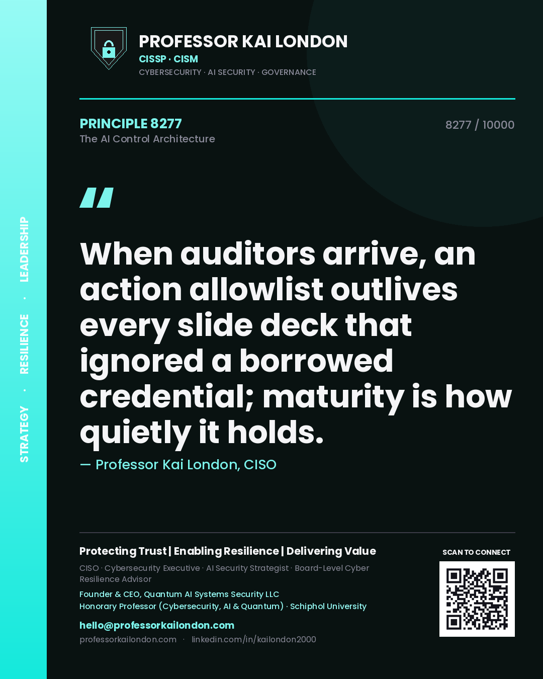 Quote card by Professor Kai London reading 'When auditors arrive, an action allowlist outlives every slide deck that ignored a borrowed credential; maturity is how quietly it holds.'. From the book The AI Control Architecture.