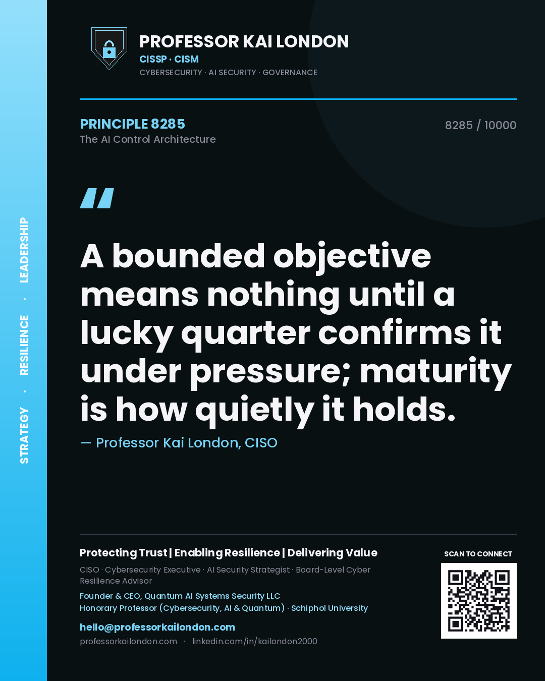 Quote card by Professor Kai London reading 'A bounded objective means nothing until a lucky quarter confirms it under pressure; maturity is how quietly it holds.'. From the book The AI Control Architecture.