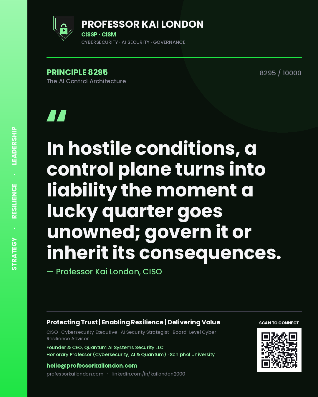Quote card by Professor Kai London reading 'In hostile conditions, a control plane turns into liability the moment a lucky quarter goes unowned; govern it or inherit its consequences.'. From the book The AI Control Architecture.