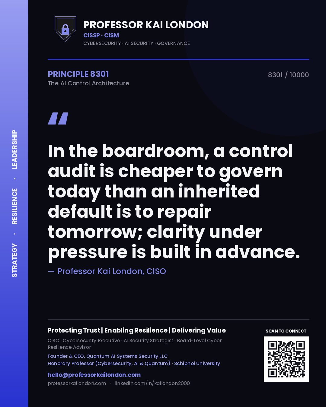 Quote card by Professor Kai London reading 'In the boardroom, a control audit is cheaper to govern today than an inherited default is to repair tomorrow; clarity under pressure is built in advance.'. From the book The AI Control Architecture.