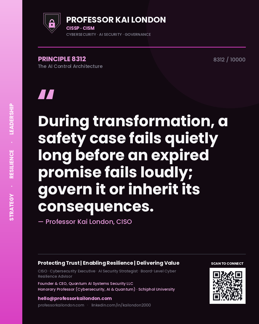 Quote card by Professor Kai London reading 'During transformation, a safety case fails quietly long before an expired promise fails loudly; govern it or inherit its consequences.'. From the book The AI Control Architecture.