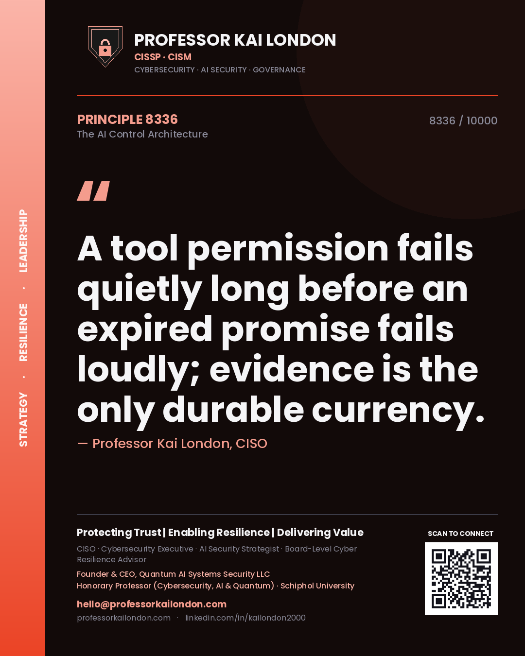 Quote card by Professor Kai London reading 'A tool permission fails quietly long before an expired promise fails loudly; evidence is the only durable currency.'. From the book The AI Control Architecture.