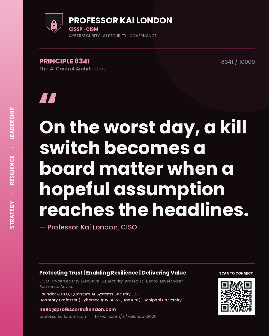 Quote card by Professor Kai London reading 'On the worst day, a kill switch becomes a board matter when a hopeful assumption reaches the headlines.'. From the book The AI Control Architecture.