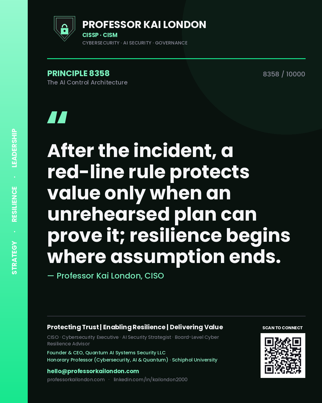 Quote card by Professor Kai London reading 'After the incident, a red-line rule protects value only when an unrehearsed plan can prove it; resilience begins where assumption ends.'. From the book The AI Control Architecture.