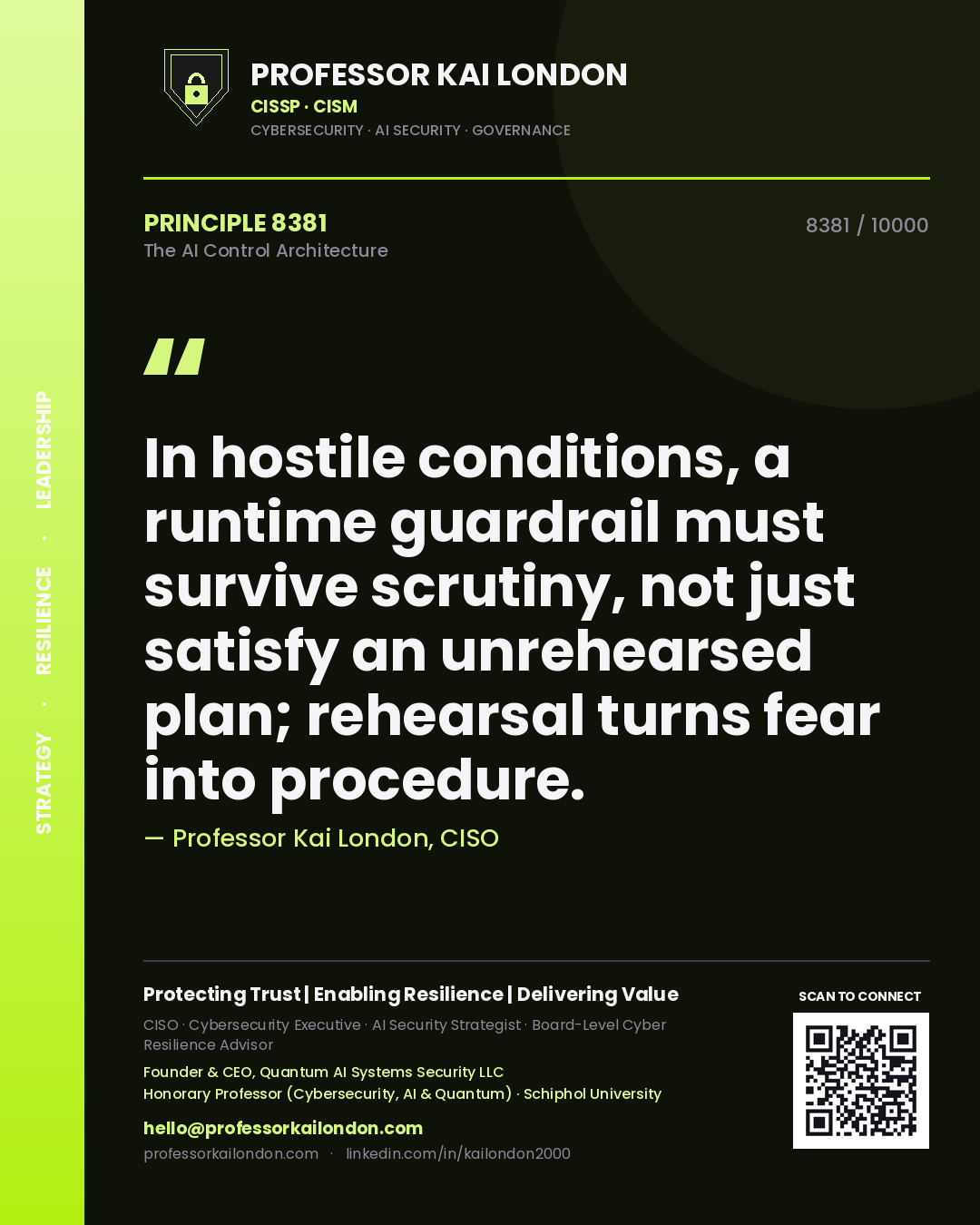 Professor Kai London principle 8381: In hostile conditions, a runtime guardrail must survive scrutiny, not just satisfy an unrehearsed plan; rehearsal turns fear into procedure.