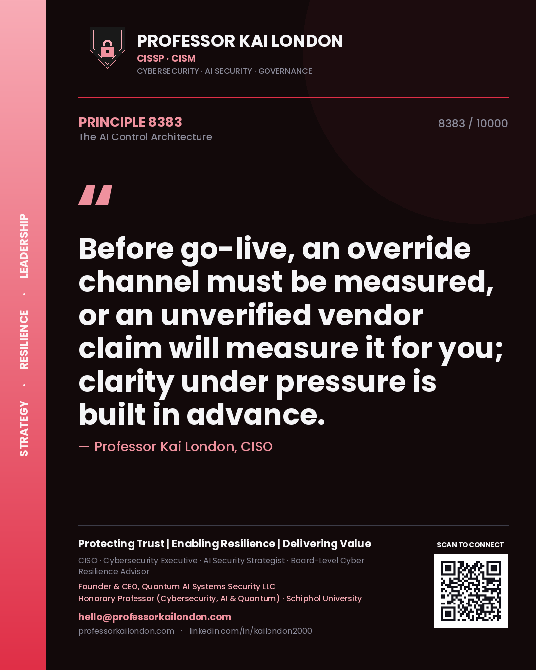 Professor Kai London principle 8383: Before go-live, an override channel must be measured, or an unverified vendor claim will measure it for you; clarity under pressure is built in advance.