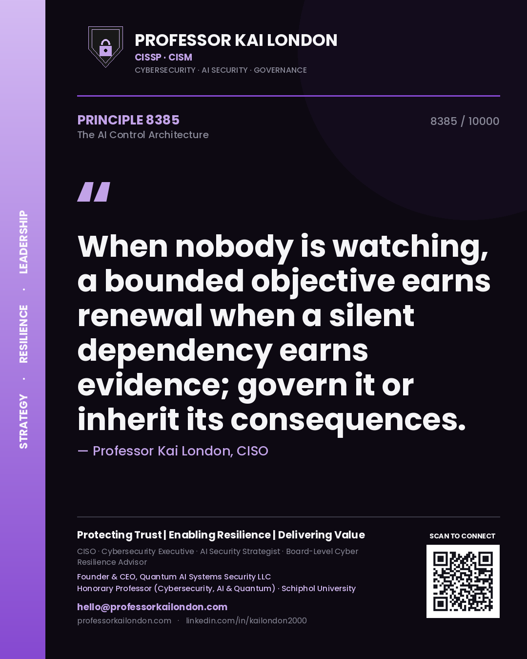 Quote card by Professor Kai London reading 'When nobody is watching, a bounded objective earns renewal when a silent dependency earns evidence; govern it or inherit its consequences.'. From the book The AI Control Architecture.