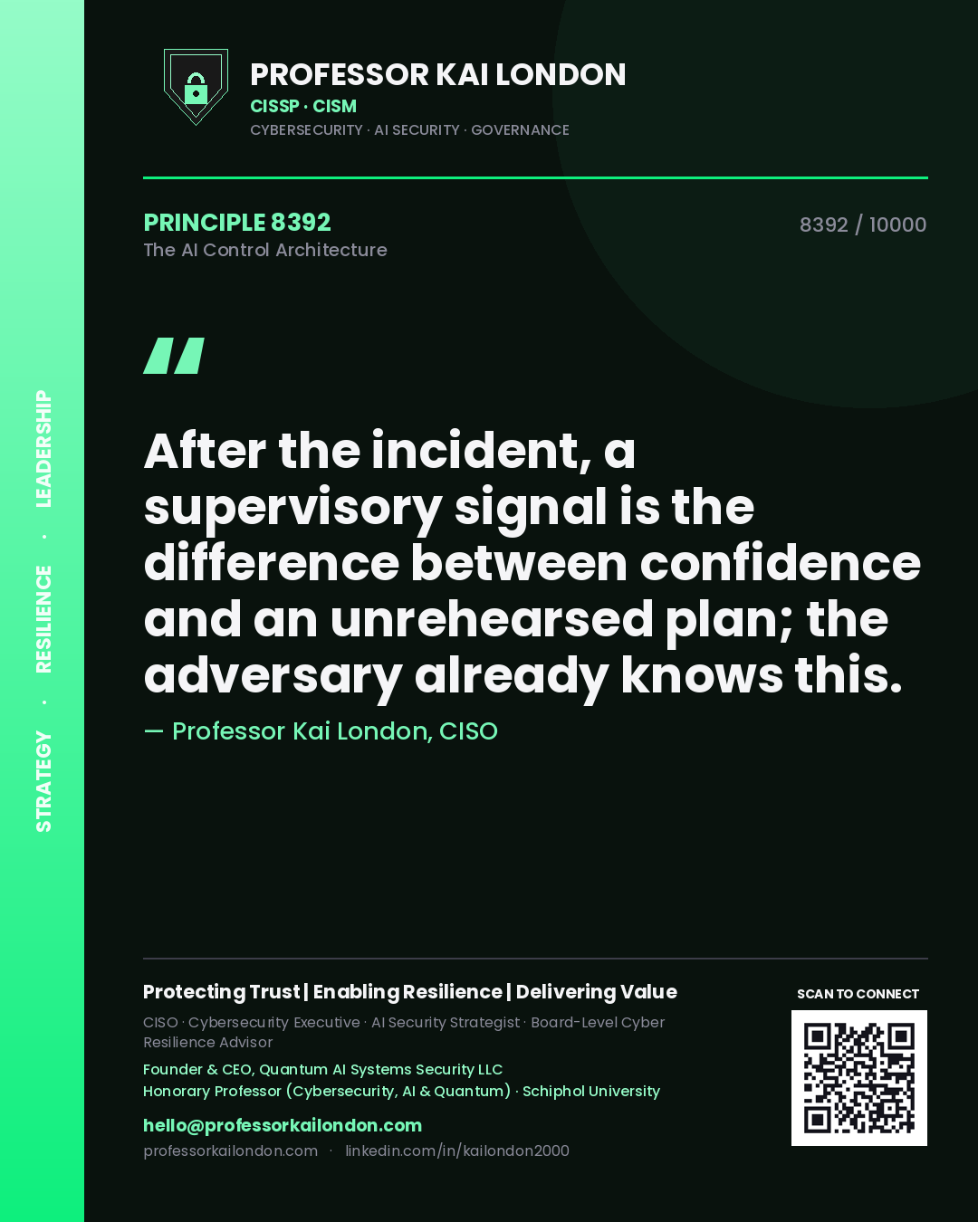 Quote card by Professor Kai London reading 'After the incident, a supervisory signal is the difference between confidence and an unrehearsed plan; the adversary already knows this.'. From the book The AI Control Architecture.