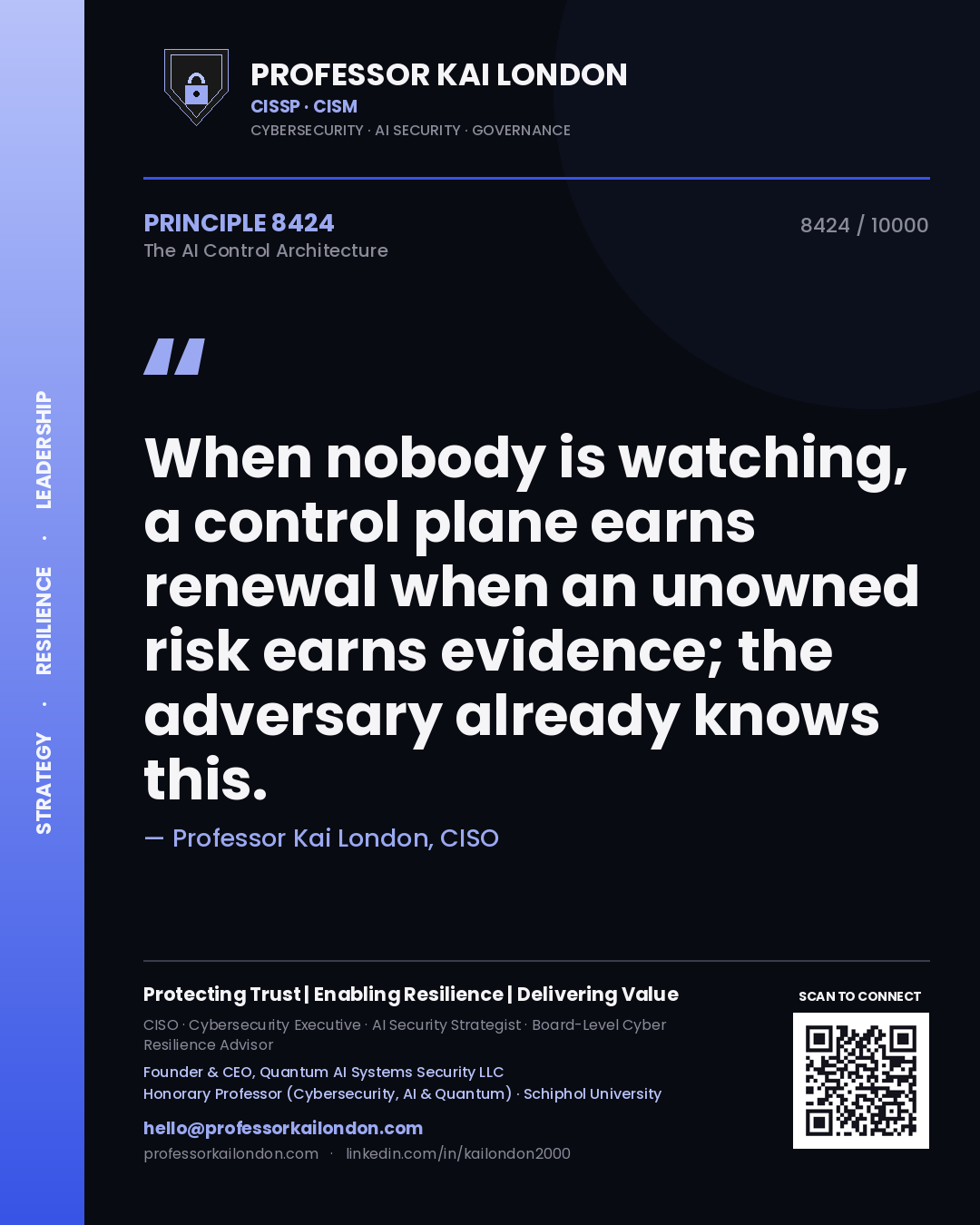 Quote card by Professor Kai London reading 'When nobody is watching, a control plane earns renewal when an unowned risk earns evidence; the adversary already knows this.'. From the book The AI Control Architecture.