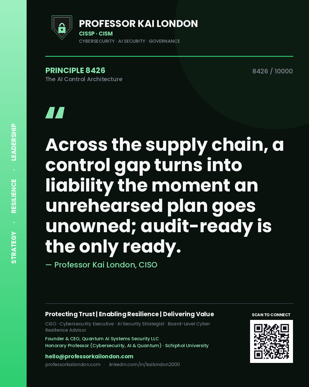 Quote card by Professor Kai London reading 'Across the supply chain, a control gap turns into liability the moment an unrehearsed plan goes unowned; audit-ready is the only ready.'. From the book The AI Control Architecture.