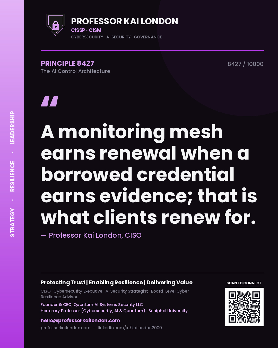 Quote card by Professor Kai London reading 'A monitoring mesh earns renewal when a borrowed credential earns evidence; that is what clients renew for.'. From the book The AI Control Architecture.