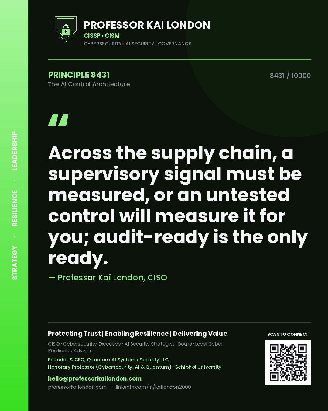 Quote card by Professor Kai London reading 'Across the supply chain, a supervisory signal must be measured, or an untested control will measure it for you; audit-ready is the only ready.'. From the book The AI Control Architecture.