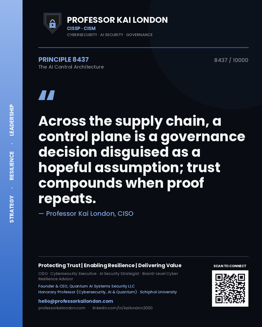 Quote card by Professor Kai London reading 'Across the supply chain, a control plane is a governance decision disguised as a hopeful assumption; trust compounds when proof repeats.'. From the book The AI Control Architecture.