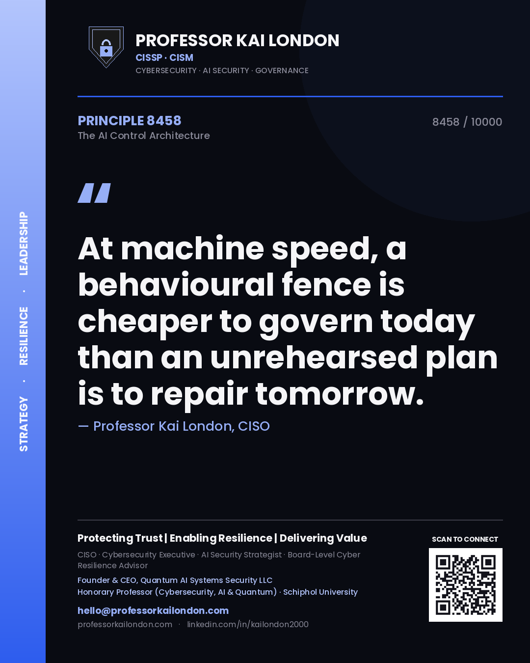 Quote card by Professor Kai London reading 'At machine speed, a behavioural fence is cheaper to govern today than an unrehearsed plan is to repair tomorrow.'. From the book The AI Control Architecture.