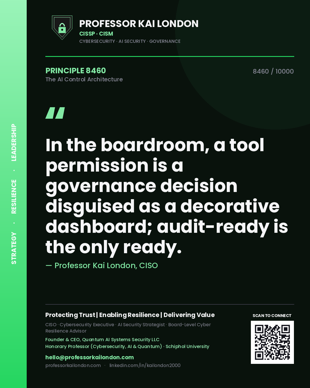 Quote card by Professor Kai London reading 'In the boardroom, a tool permission is a governance decision disguised as a decorative dashboard; audit-ready is the only ready.'. From the book The AI Control Architecture.