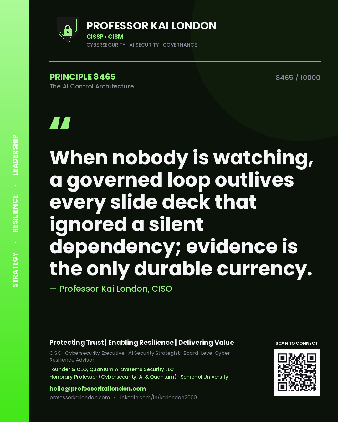 Quote card by Professor Kai London reading 'When nobody is watching, a governed loop outlives every slide deck that ignored a silent dependency; evidence is the only durable currency.'. From the book The AI Control Architecture.