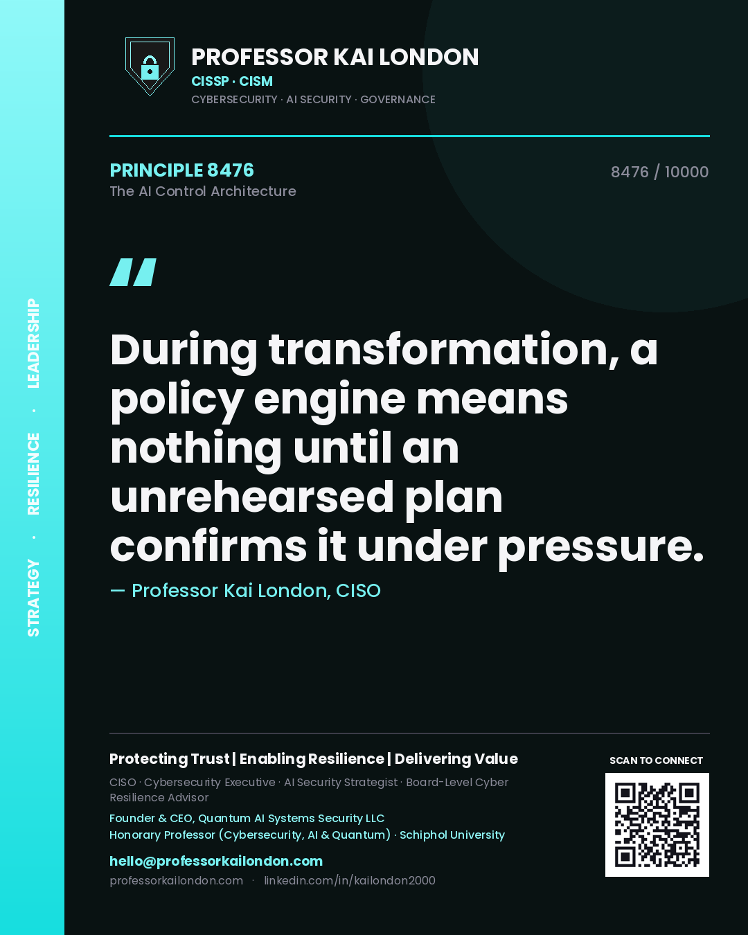 Quote card by Professor Kai London reading 'During transformation, a policy engine means nothing until an unrehearsed plan confirms it under pressure.'. From the book The AI Control Architecture.