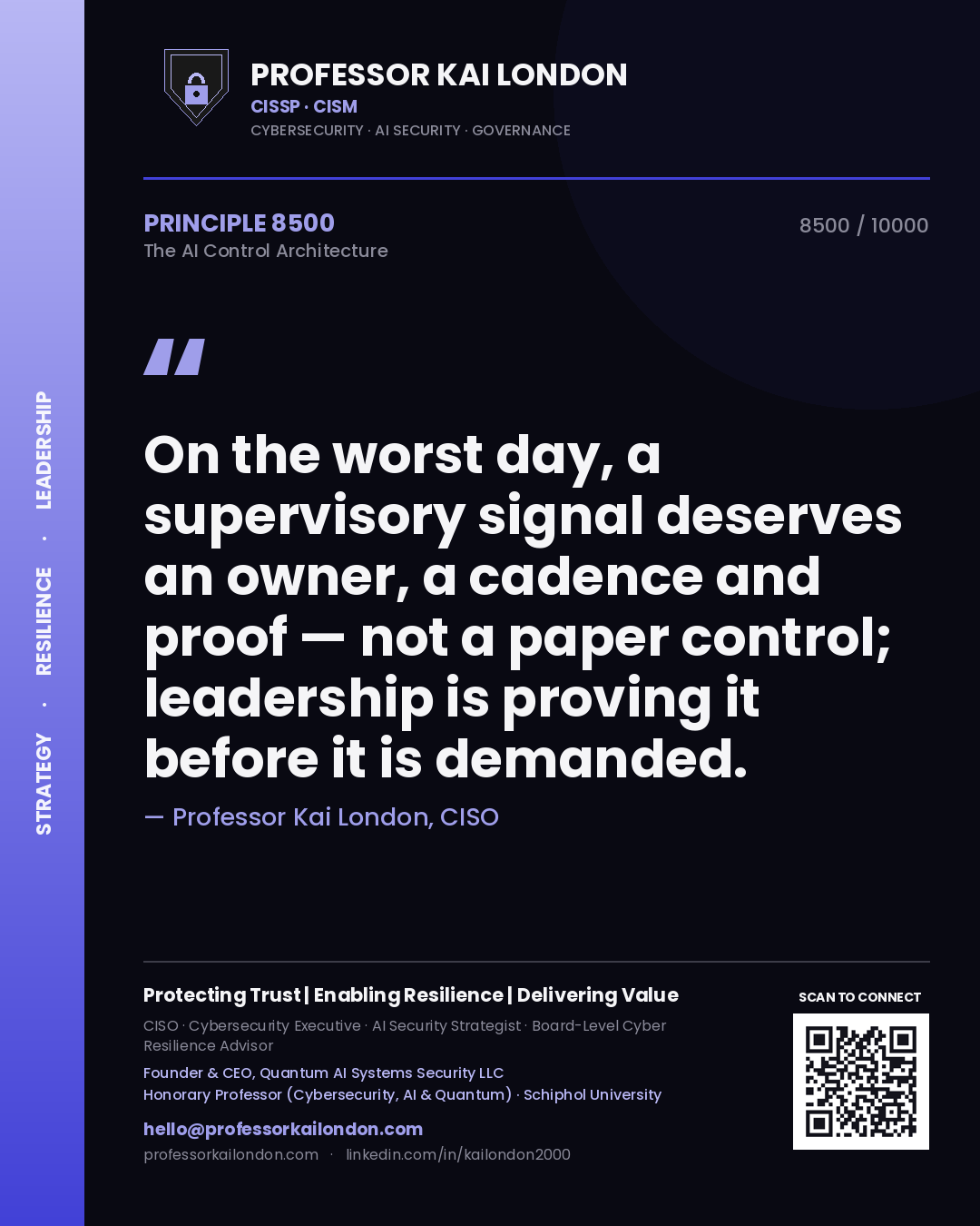 Quote card by Professor Kai London reading 'On the worst day, a supervisory signal deserves an owner, a cadence and proof — not a paper control; leadership is proving it before it is demanded.'. From the book The AI Control Architecture.