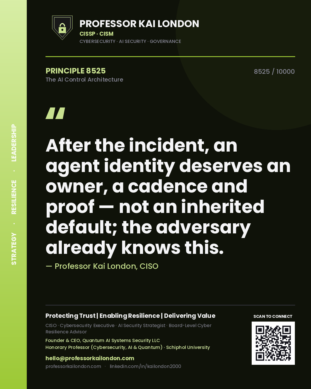 Quote card by Professor Kai London reading 'After the incident, an agent identity deserves an owner, a cadence and proof — not an inherited default; the adversary already knows this.'. From the book The AI Control Architecture.