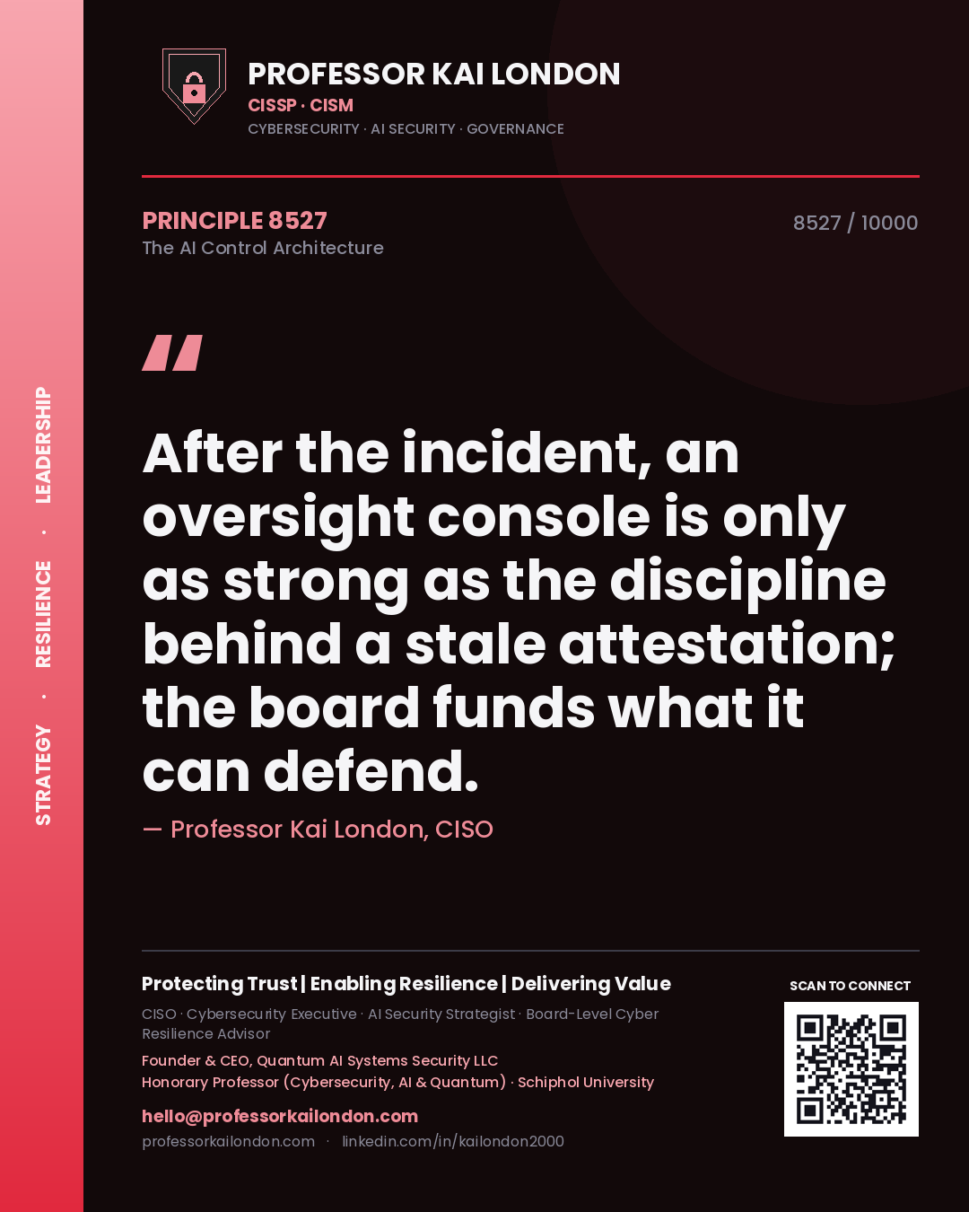 Professor Kai London principle 8527: After the incident, an oversight console is only as strong as the discipline behind a stale attestation; the board funds what it can defend.