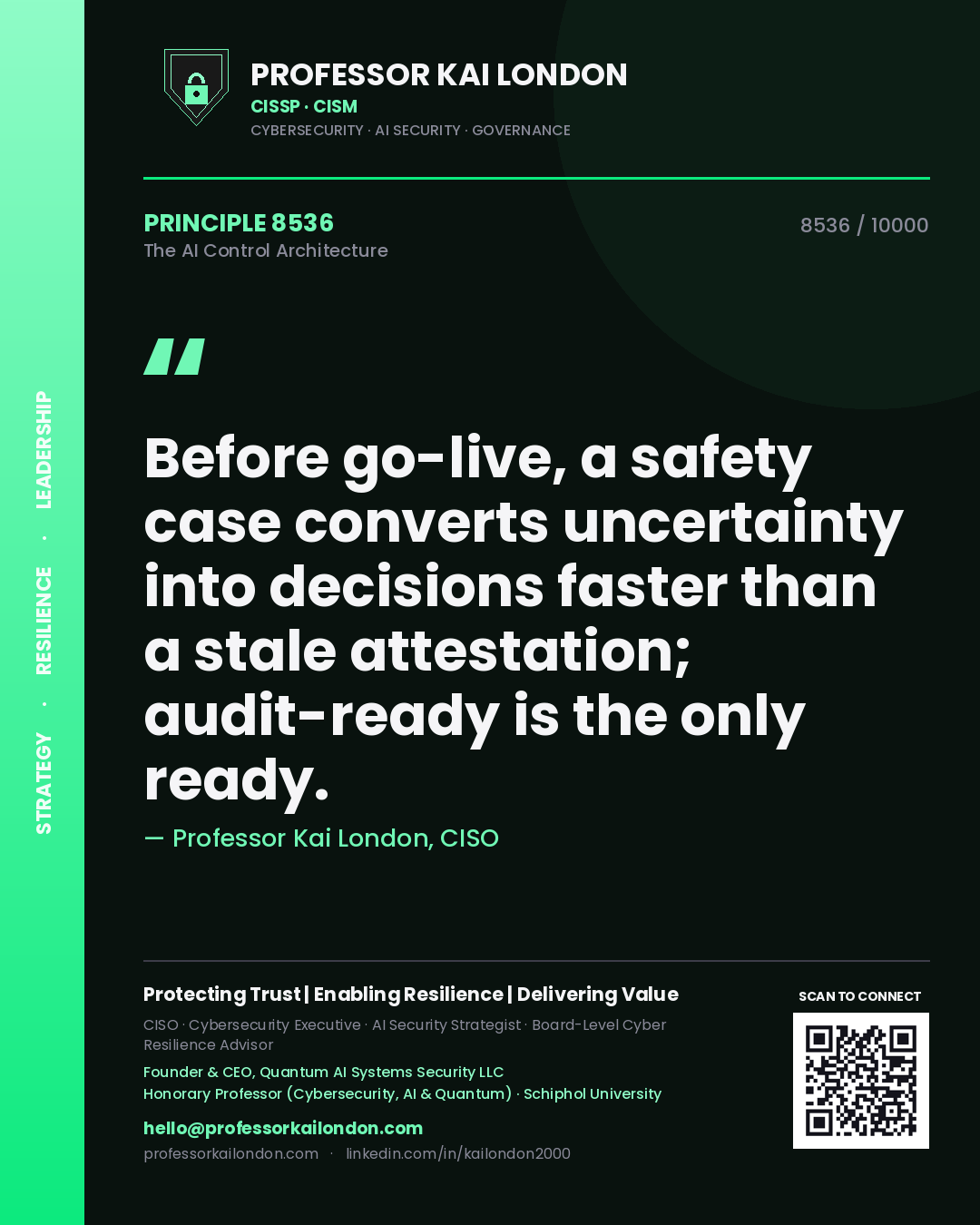 Quote card by Professor Kai London reading 'Before go-live, a safety case converts uncertainty into decisions faster than a stale attestation; audit-ready is the only ready.'. From the book The AI Control Architecture.