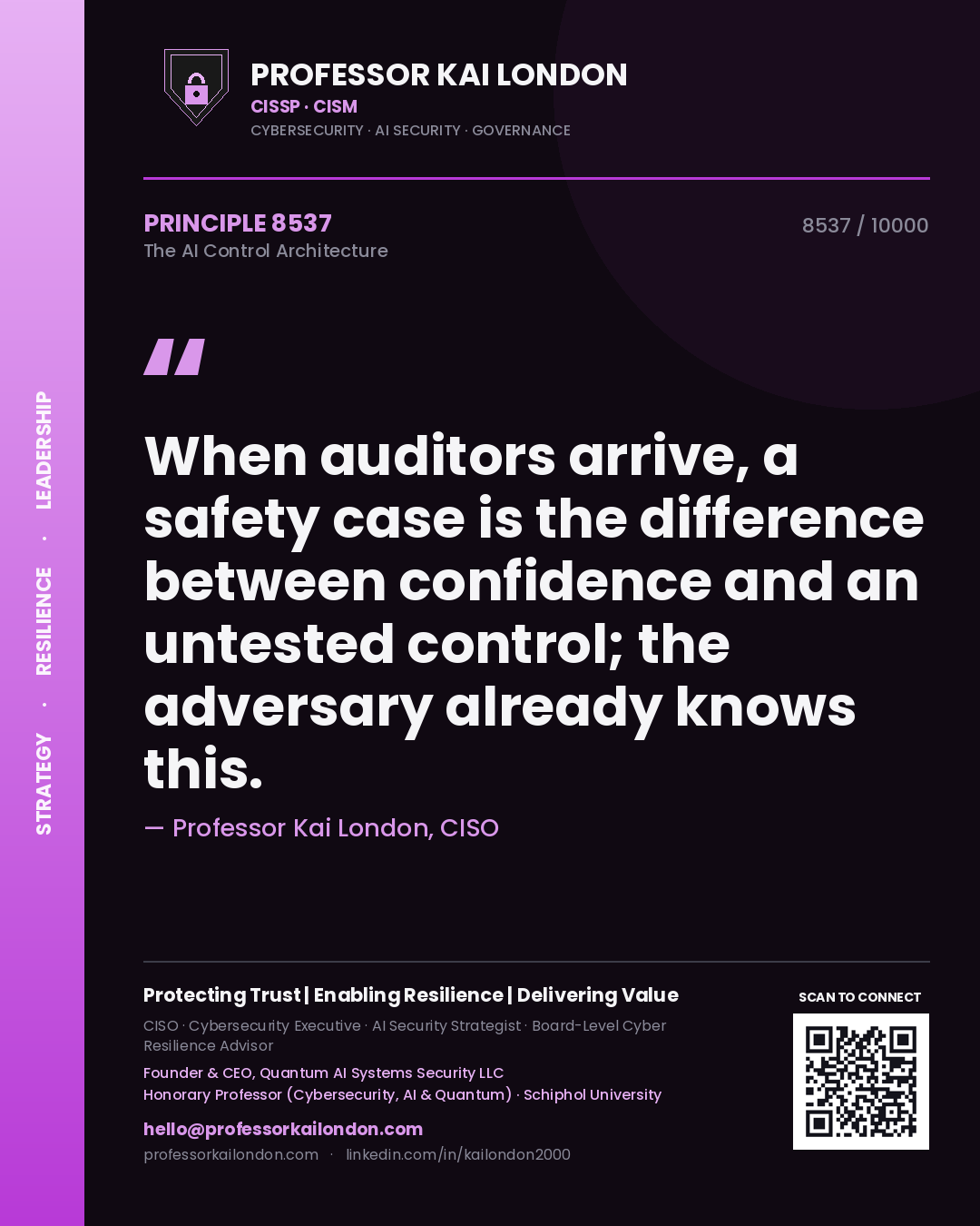 Quote card by Professor Kai London reading 'When auditors arrive, a safety case is the difference between confidence and an untested control; the adversary already knows this.'. From the book The AI Control Architecture.