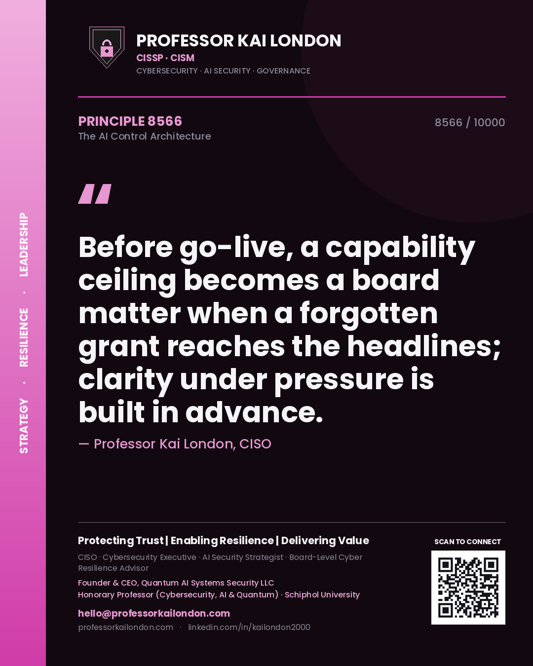 Quote card by Professor Kai London reading 'Before go-live, a capability ceiling becomes a board matter when a forgotten grant reaches the headlines; clarity under pressure is built in advance.'. From the book The AI Control Architecture.