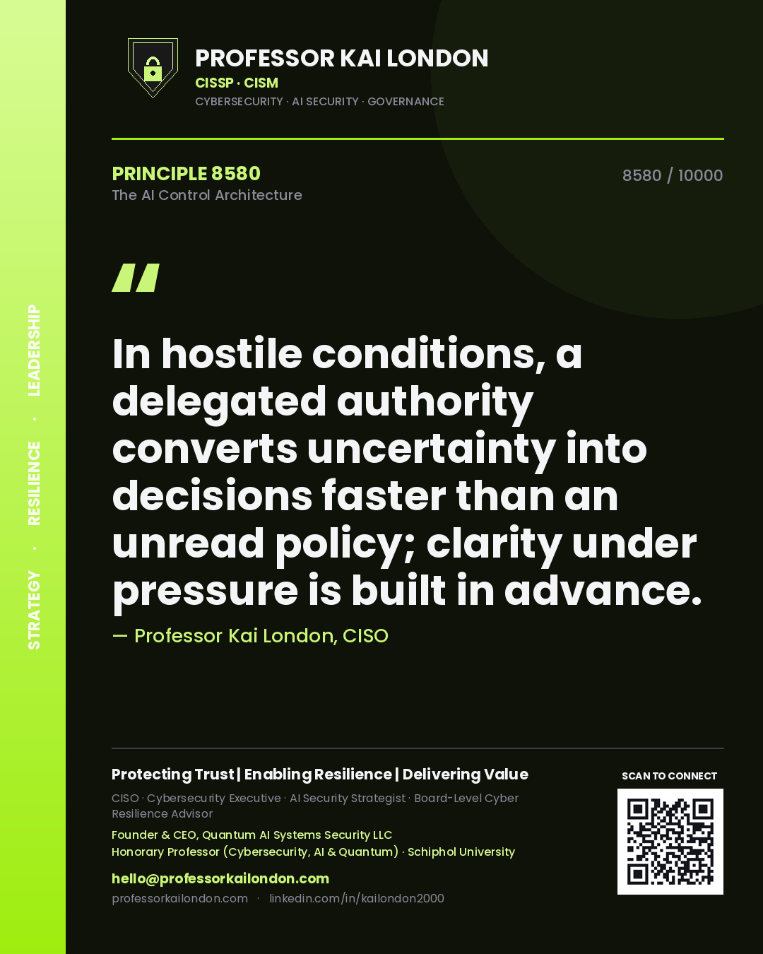 Professor Kai London principle 8580: In hostile conditions, a delegated authority converts uncertainty into decisions faster than an unread policy; clarity under pressure is built in advance.