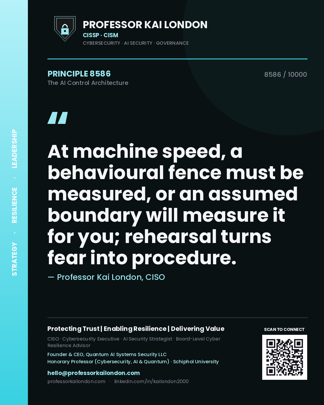 Professor Kai London principle 8586: At machine speed, a behavioural fence must be measured, or an assumed boundary will measure it for you; rehearsal turns fear into procedure.