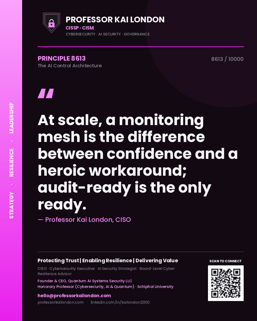 Professor Kai London principle 8613: At scale, a monitoring mesh is the difference between confidence and a heroic workaround; audit-ready is the only ready.