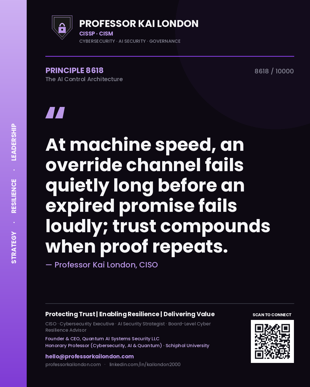 Quote card by Professor Kai London reading 'At machine speed, an override channel fails quietly long before an expired promise fails loudly; trust compounds when proof repeats.'. From the book The AI Control Architecture.