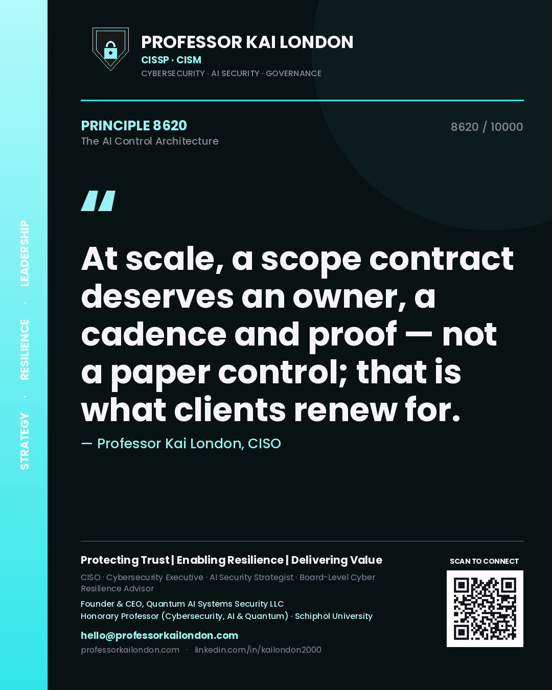 Professor Kai London principle 8620: At scale, a scope contract deserves an owner, a cadence and proof — not a paper control; that is what clients renew for.