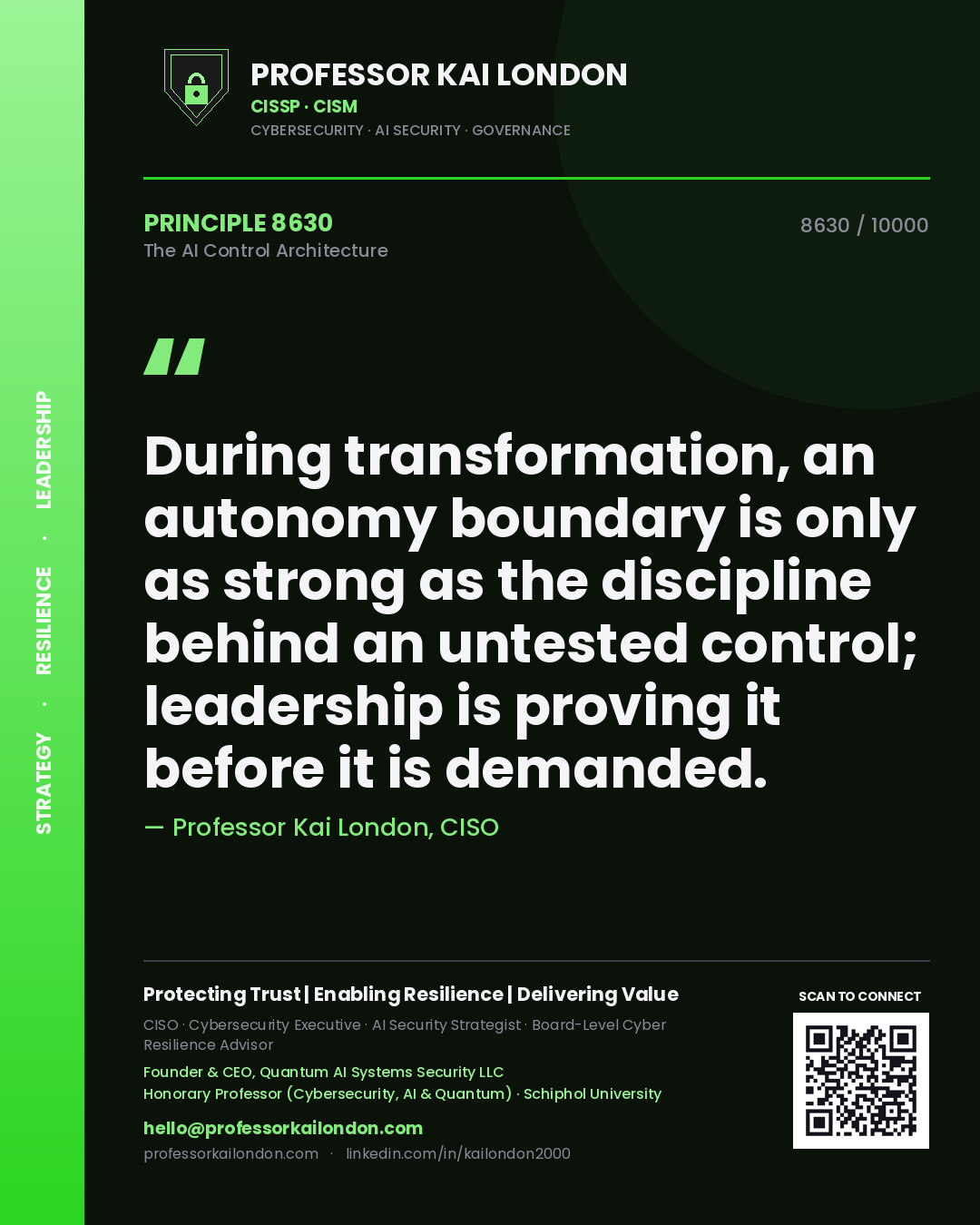 Quote card by Professor Kai London reading 'During transformation, an autonomy boundary is only as strong as the discipline behind an untested control; leadership is proving it before it is demanded.'. From the book The AI Control Architecture.