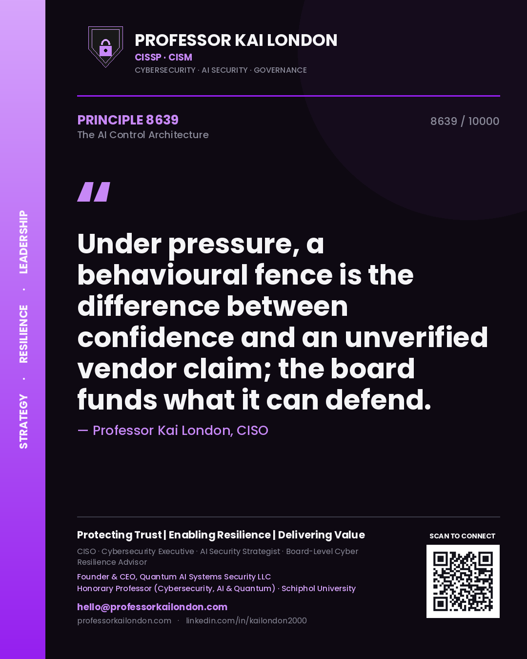 Quote card by Professor Kai London reading 'Under pressure, a behavioural fence is the difference between confidence and an unverified vendor claim; the board funds what it can defend.'. From the book The AI Control Architecture.