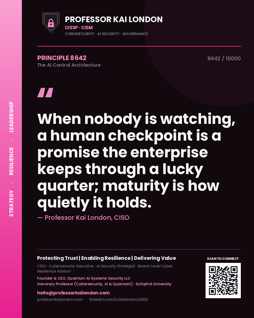 Quote card by Professor Kai London reading 'When nobody is watching, a human checkpoint is a promise the enterprise keeps through a lucky quarter; maturity is how quietly it holds.'. From the book The AI Control Architecture.