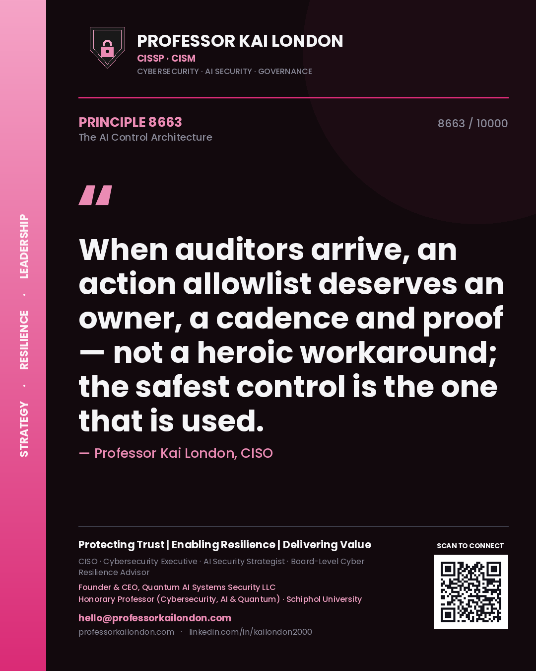 Quote card by Professor Kai London reading 'When auditors arrive, an action allowlist deserves an owner, a cadence and proof — not a heroic workaround; the safest control is the one that is used.'. From the book The AI Control Architecture.