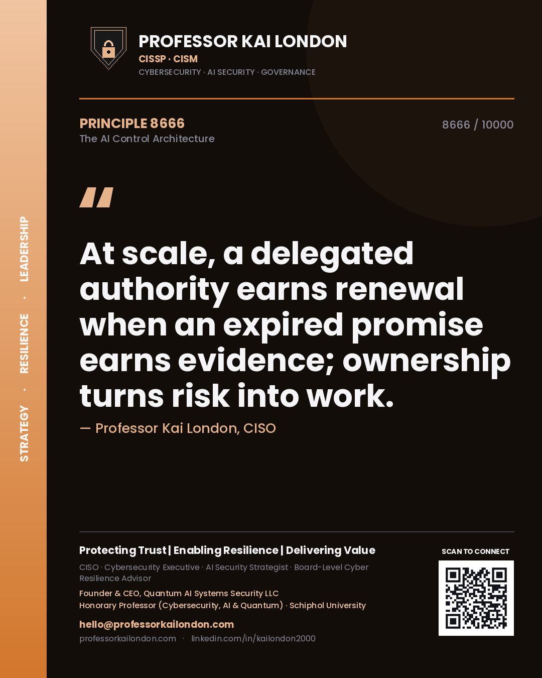 Professor Kai London principle 8666: At scale, a delegated authority earns renewal when an expired promise earns evidence; ownership turns risk into work.
