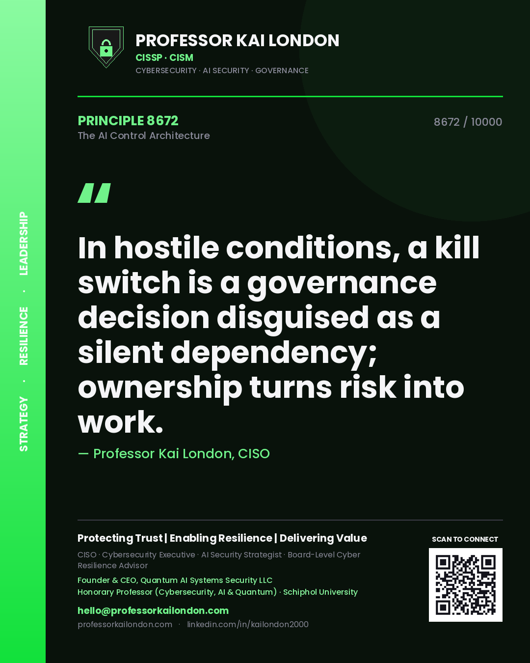Quote card by Professor Kai London reading 'In hostile conditions, a kill switch is a governance decision disguised as a silent dependency; ownership turns risk into work.'. From the book The AI Control Architecture.